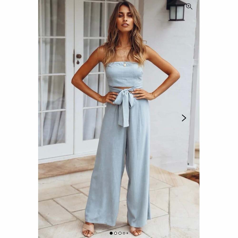 Hello Molly Pop Records Jumpsuit Sage Green Strapless Wide Leg Linen Blend Small
